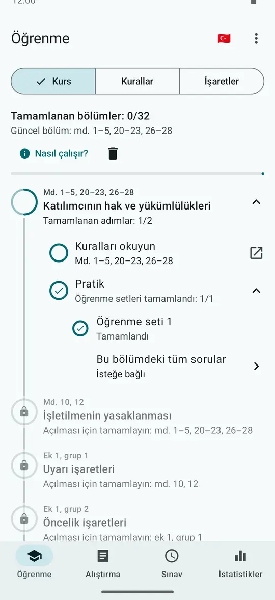 Öğrenme sekmesi, Kurs: ilk bölüm açık, tamamlanan adımlar: 1/2
